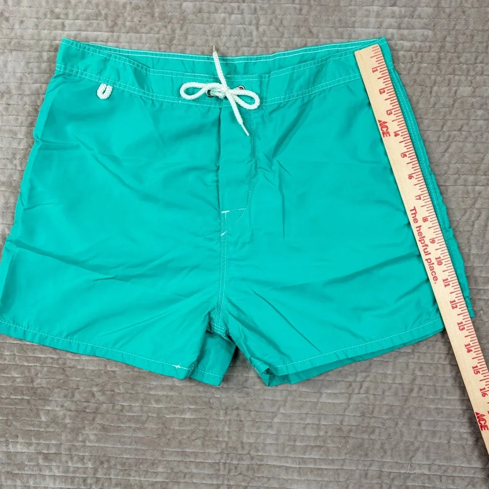 Vintage Sundek Board Shorts Mens 30 Teal Green Rainbow Stripe Nylon Made in USA